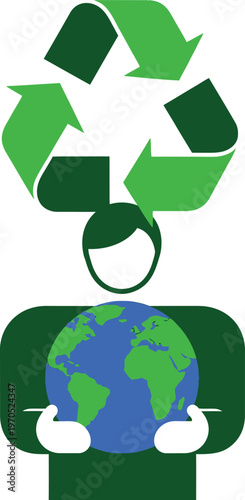 Iconic representation of an individual holding the Earth under a recycling symbol, depicting environmental stewardship, global responsibility, and sustainable living