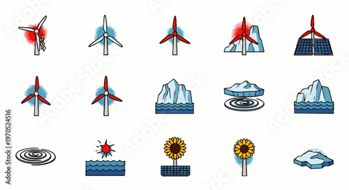Set of icons representing renewable energy and environmental issues like global warming and climate change