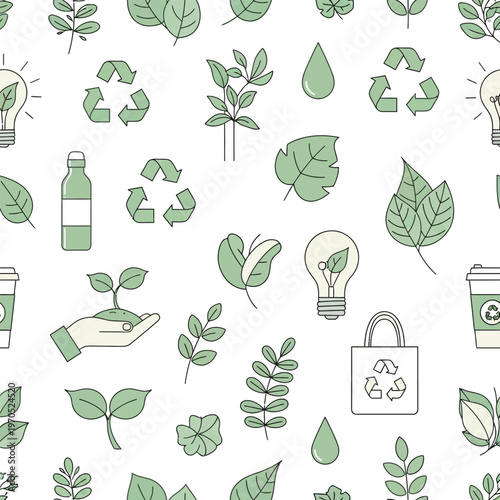Eco-friendly icons seamless pattern depicting sustainability and environmental awareness with green nature elements and recycling symbols for design