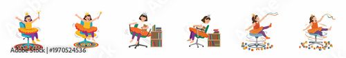 Set of illustrations featuring a young girl dressed as a princess playing and spinning on a swivel office chair.