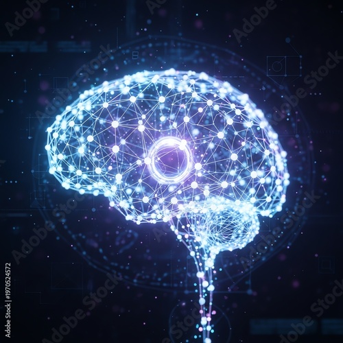 Digital Illustration of a Brain with Neural Network Connections and Glowing Elements.