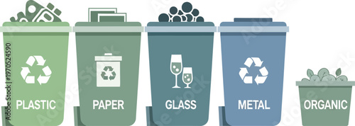 Recycling bins illustration showing separated waste for plastic, paper, glass, metal, and organic materials, promoting environmental responsibility