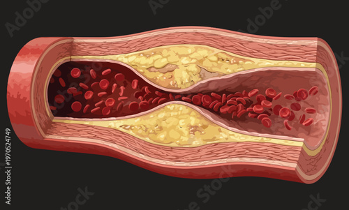Atherosclerosis and Plaque Buildup in Human Artery Medical Illustration, Coronary Heart Disease and High Cholesterol Concept, Blood Vessel Blockage with Red Blood Cells