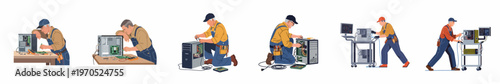 Professional computer technician repairing hardware and assembling desktop computers, set of flat vector illustrations on white background.