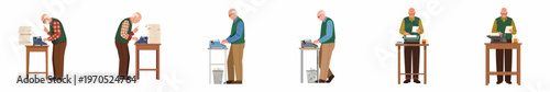 Character set of an elderly man writing and typing on a manual typewriter in different poses, flat vector illustrations on white background.