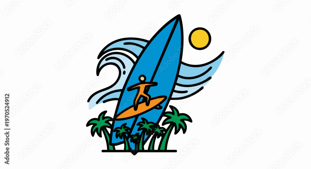 Fototapeta premium Surfer riding a surfboard on a wave with palm trees and sun.