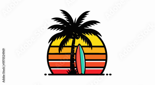 Tropical sunset scene with palm tree and surfboard design.