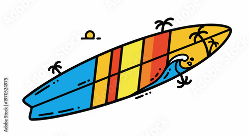 Colorful surfboard with palm trees and a wave illustration.