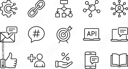 Collection of linear outline icons representing digital marketing, api technology, social networking, business communication, and web development process symbols.