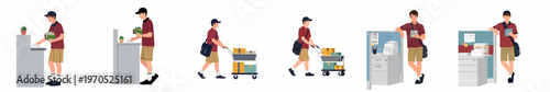 Set of Illustrations Showing a Delivery Man Sorting Letters, Pushing a Mail Cart, and Checking a Digital Tablet in an Office Setting.