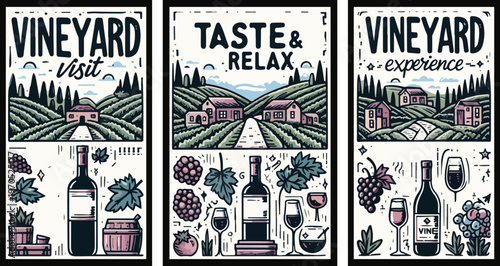 Vineyard Rustic Wine Experience Poster Wall Art, Illustration Doodle Cartoon Collection