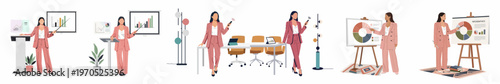 Set of professional business woman illustrations in a pink suit presenting data charts and infographics in office environments, flat vector style.