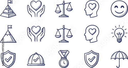 Collection of hand drawn blue doodle sketch icons featuring business goals, legal justice, healthcare, protection, and success symbols on white.