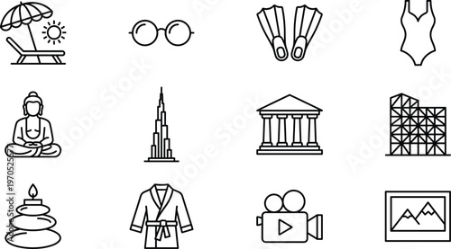 Travel and Wellness Icon Set Featuring Beach Umbrella Sunglasses Swimsuit Buddha Skyscraper Museum Architecture Spa Stones Robe Video And Photography Symbols