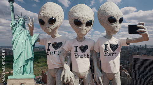 Three aliens wearing 