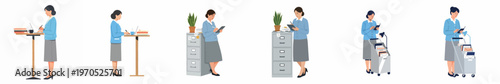 Illustration set of a professional woman performing various office tasks such as filing, using a tablet, and working at a standing desk.