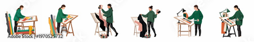 Set of fashion designer illustrations showing a creative process from fabric selection to garment design and cutting at a drafting table.