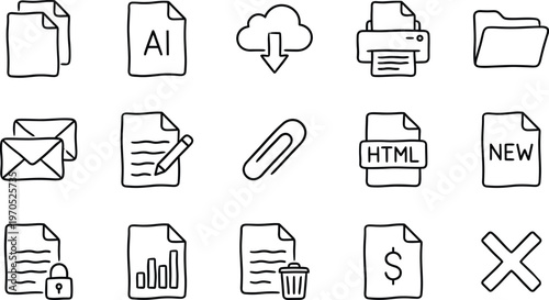 Document and File Management Icon Set Featuring Folders Paper Cloud Download Printer Paperclip Email HTML AI Format And Office Symbols