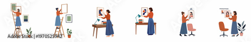 Vector illustration set of a young woman decorating her home or office by hanging framed artwork and portraits on the wall.