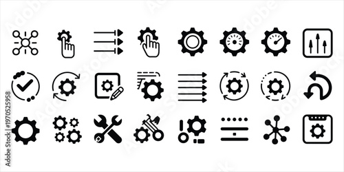 Assorted black icons for settings, tools, and connections on white background Keywords: settings, icons, tools, configuration