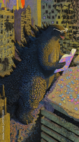 Godzilla wears sunglasses and reads a puzzle book atop a city building, surrounded by colorful puzzle pieces in a vibrant urban scene.