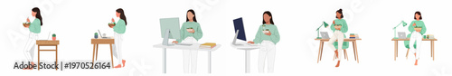 Flat vector illustrations of a woman eating a healthy salad while working at her desk, showcasing various poses and office setups.