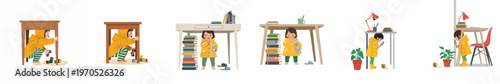 Illustrations of a little girl in a yellow raincoat exploring and playing hide and seek under tables and desks in a home setting.