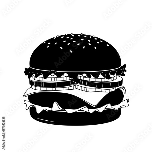Burger Illustration: A bold black and white illustration of a classic burger. Perfect for conveying fast food, and culinary delight.