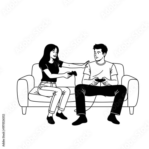 Joyful Gaming Duo: A couple engages in a playful gaming session on a comfortable couch, their interactions revealing a sense of happiness and a relaxed moment.