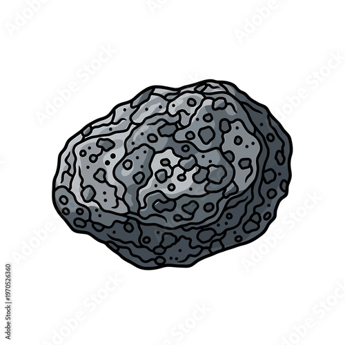 Meteorite Illustration: A detailed illustration of a weathered meteorite, featuring a rough, textured surface with distinctive patterns.
