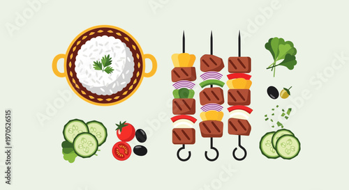 Eid Al Adha Food Illustration of Beef Shish Kebab with Rice and Vegetables Vector