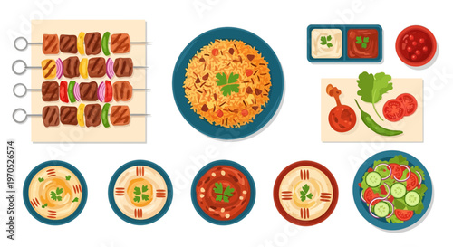 Middle Eastern Food Set Illustration, Beef Kebab, Biryani Rice, Hummus, and Fresh Salad for Eid al-Adha Celebration.