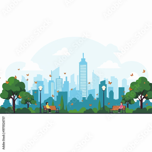 Cityscape with Trees and Streetlights Illustration.