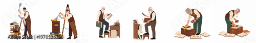 Set of Elderly Librarians and Archivists Caring for Old Books, Dusting, Inspecting with Magnifying Glass, and Organizing Antiquarian Volumes