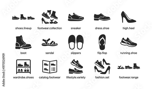 Diverse footwear icons collection featuring various shoe styles