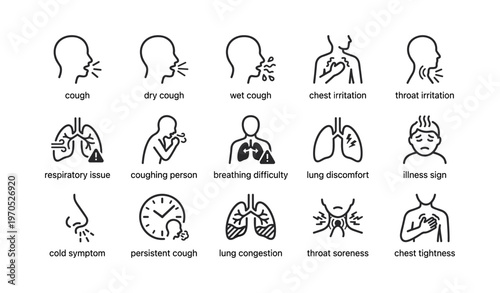 Medical icons illustrating various respiratory and throat conditions