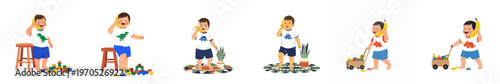 Vector illustration set of a cheerful toddler pretending to talk on a banana phone while playing with toys and pulling a fruit cart.