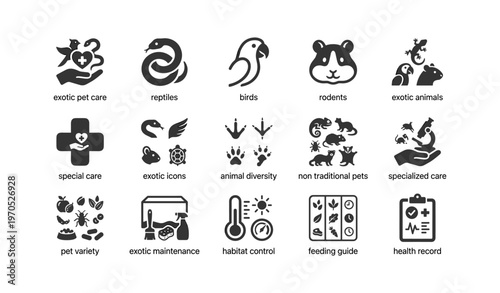 Exotic pet care icons: reptiles, birds, rodents, and specialized animal needs