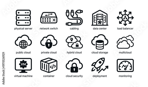 Cloud computing and network infrastructure icon set for it solutions