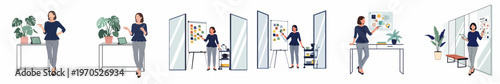 Minimalist illustration set of a professional businesswoman presenting ideas, brainstorming with sticky notes, and working in various modern office settings.