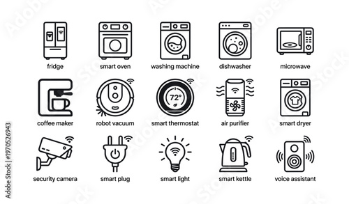Smart home appliances icons: fridge, oven, robot vacuum, thermostat, kettle
