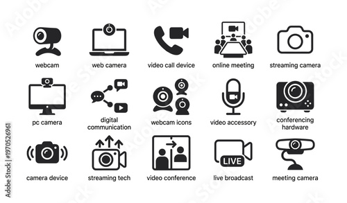 Video communication icons set: cameras, conferences, digital communication tools