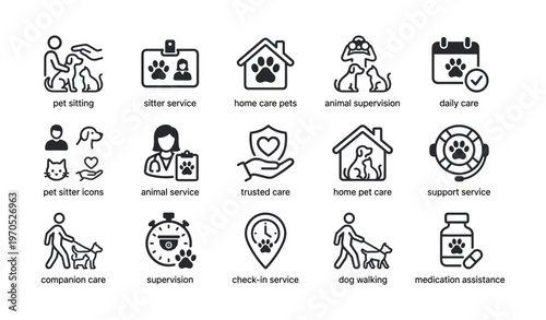 Pet care and home services icons: sitter, supervision, daily assistance