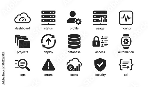 Technology icons: dashboard, database, automation, security, api