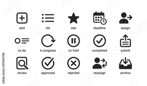 Simple black and white task management icons set