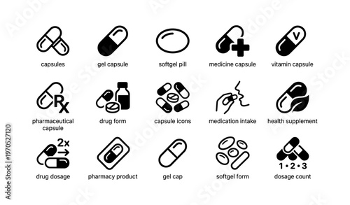 Medication icons: capsules, pills, dosage, and health supplements
