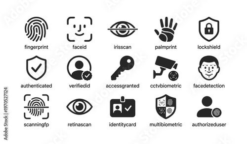 Biometric security icons: fingerprint, face id, iris scan, palm print, cctv, access control