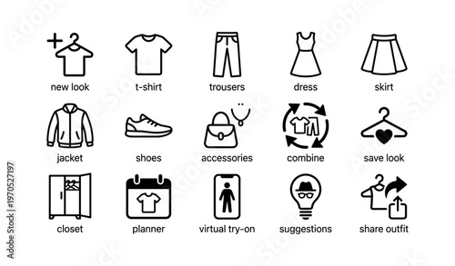 Fashion app icons: t-shirt, trousers, dress, skirt, jacket, shoes, accessories, closet, planner