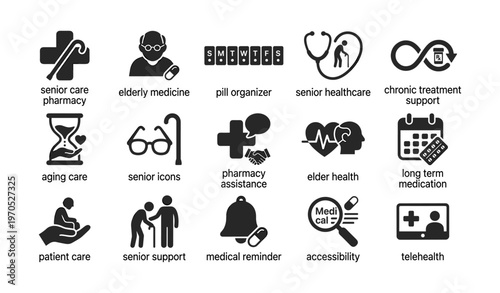 Icons representing elderly care services and health support for seniors