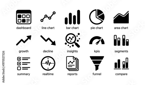 Business analytics icons: dashboard, charts, growth, insights, reports